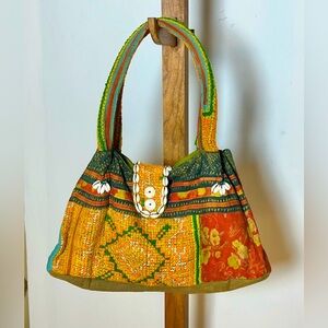 Vintage Kathmandu Colorful Patch Fabric Crocheted Boho Beach Seashell Handbag